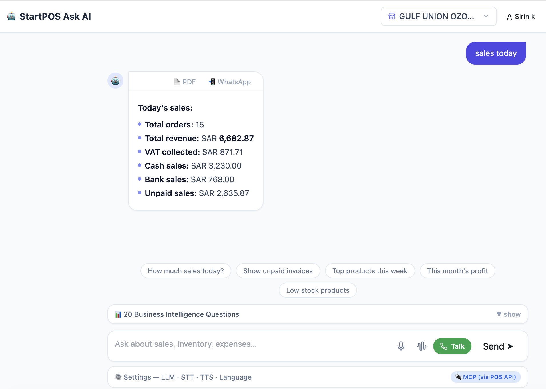 StartPOS AI assistant generating live charts from a business question